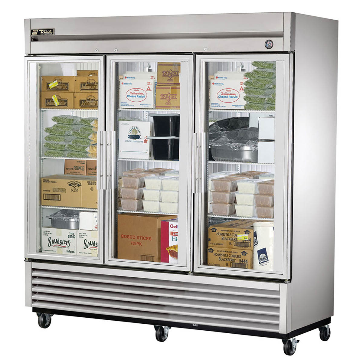 True T-72FG-HC~FGD01 3-door glass reach-in freezer, front angle view, stocked behind the glass doors