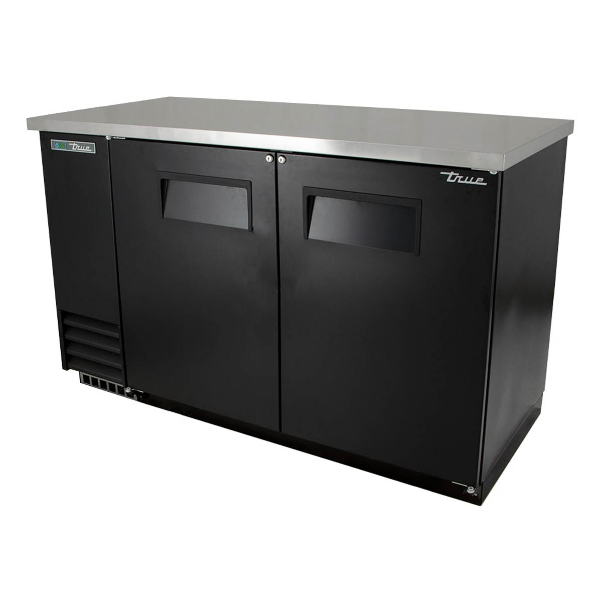 True TBB-2-HC back bar cooler, black, front angle view, doors closed