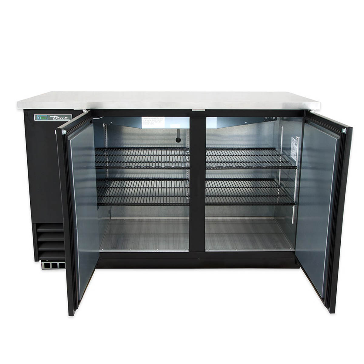 True TBB-2-HC back bar cooler, with both doors open, shelves inside
