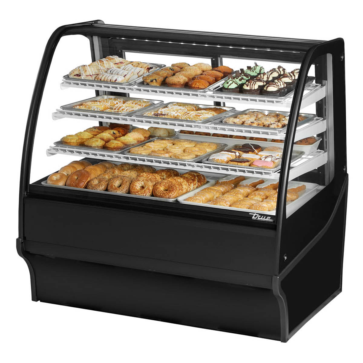 True TDM-DC-48-GE/GE-B-W 48" curved glass dry display case with black exterior, front angle view stocked with baked goods