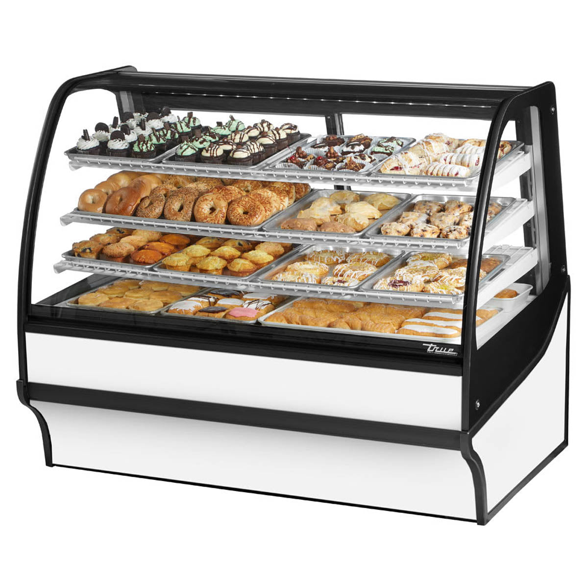 True TDM-DC-59-GE/GE-W-W 59" curved glass dry display case with white exterior, front angle view stocked with baked goods