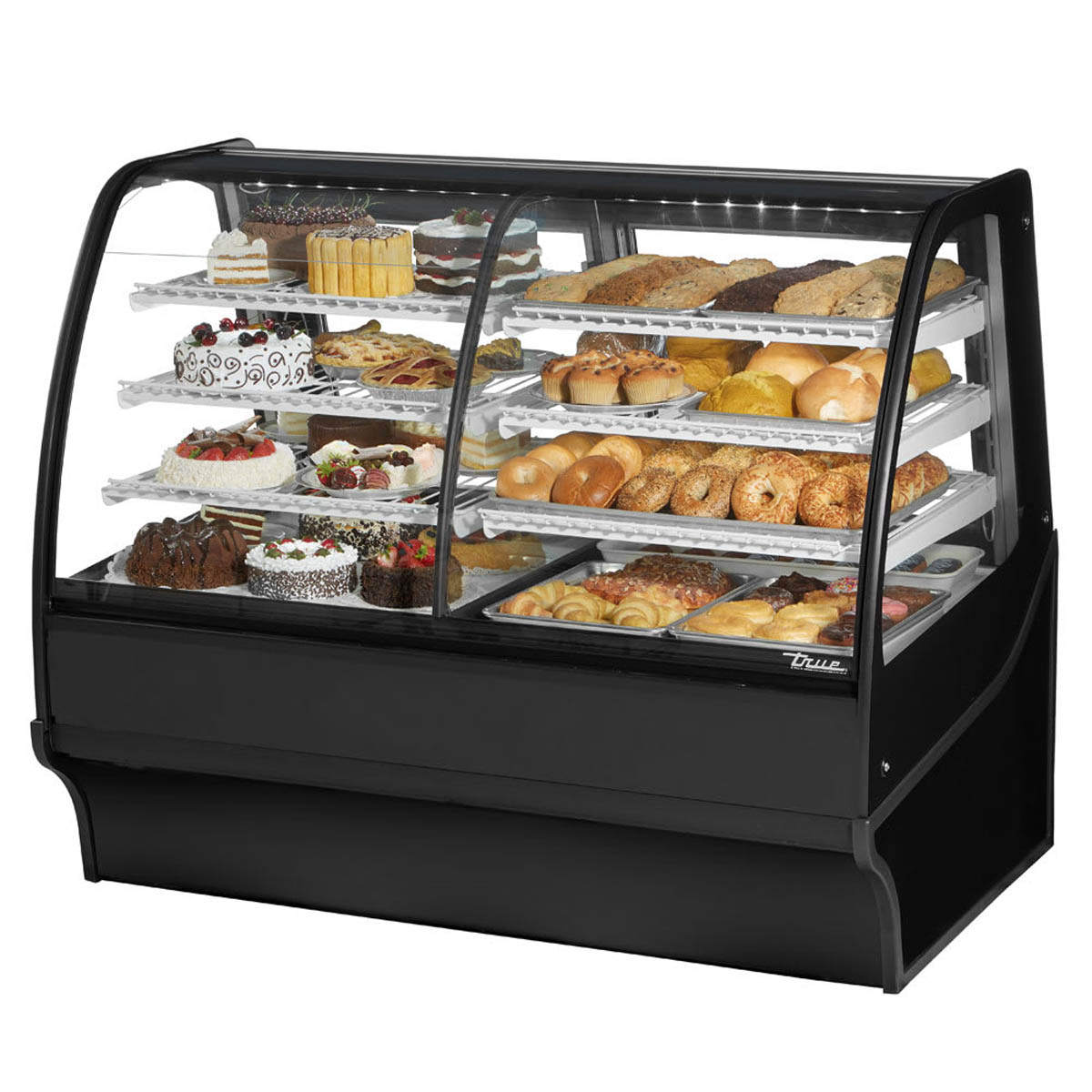 True TDM-DZ-59-GE/GE-B-W 59" curved glass dual zone display case with black exterior, front angle view stocked with baked goods
