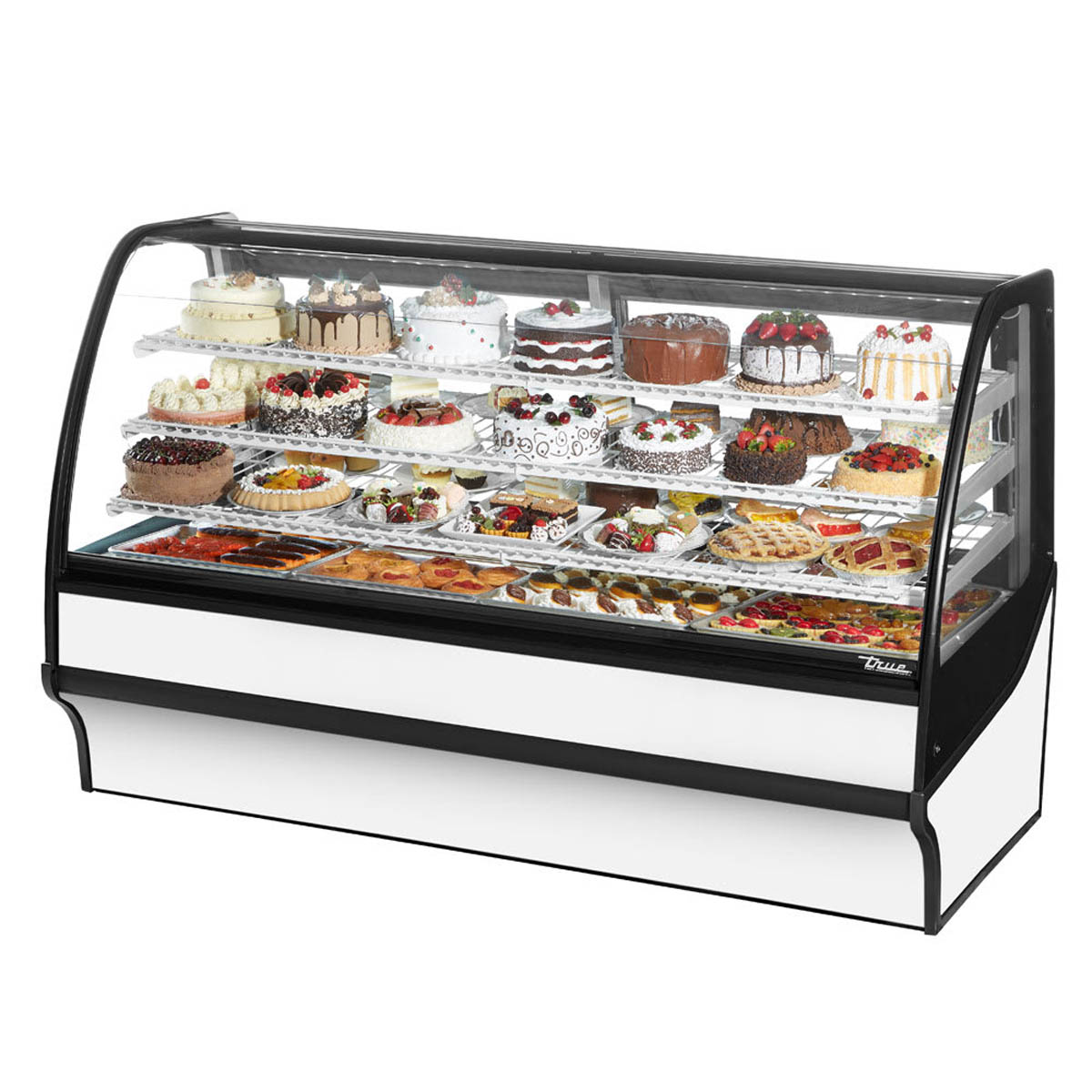True TDM-R-77-GE/GE-W-W 77" curved glass refrigerated display case with white exterior, front angle view stocked with baked goods