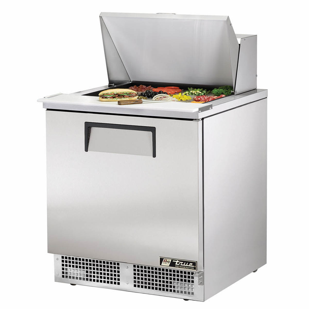 True TFP-32-12M-HC food prep table, front angle view, lid open with ingredients in the pans