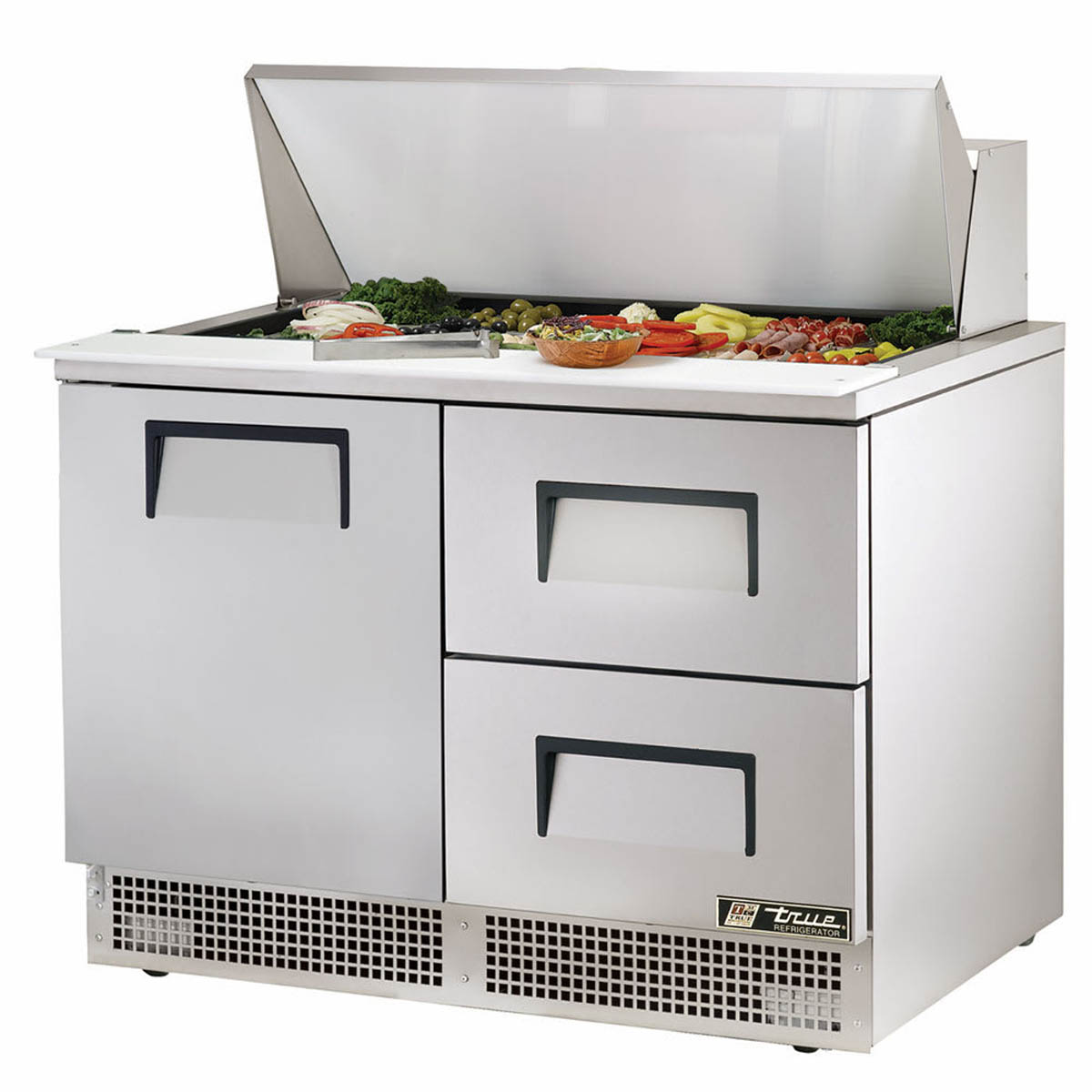 True TFP-48-18M-D-2-HC food prep table, front angle view, lid open with ingredients in the pans