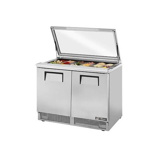 True TFP-48-18M-FGLID-HC food prep table, front angle view, flat glass lid open with ingredients in the pans