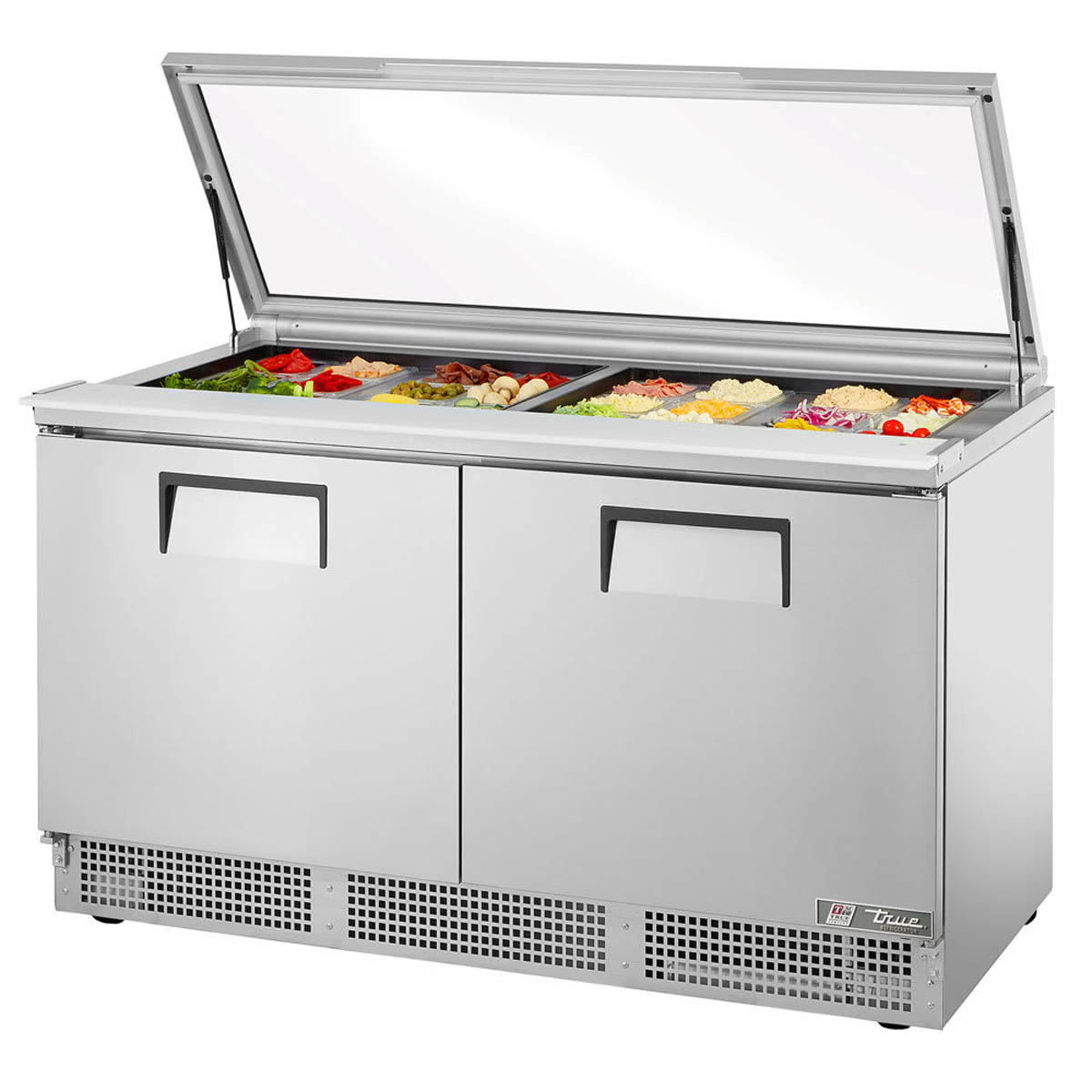 True TFP-64-24M-FGLID-HC food prep table, front angle view, flat glass lid open with ingredients in the pans