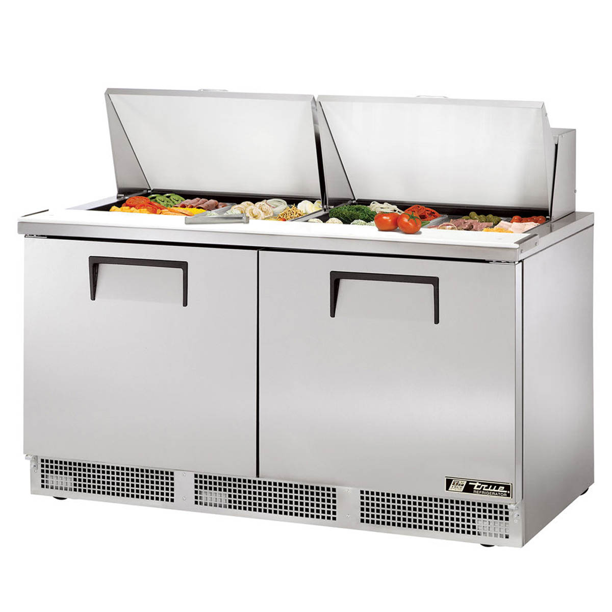 True TFP-64-24M-HC food prep table, front angle view, lid open with ingredients in the pans