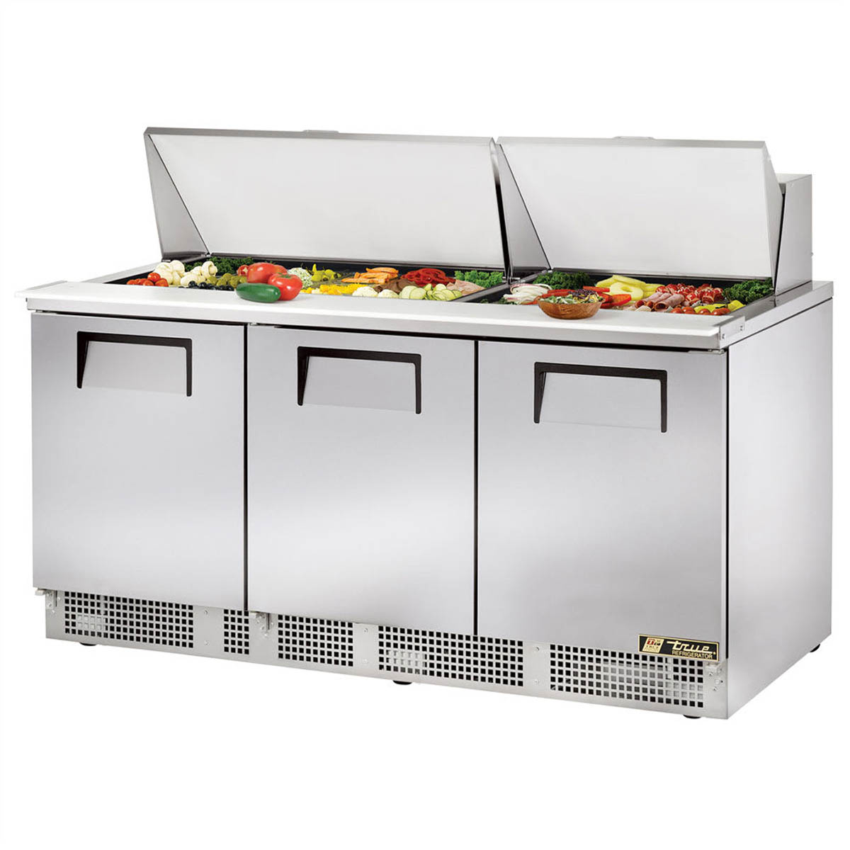 True TFP-72-30M-HC food prep table, front angle view, lid open with ingredients in the pans