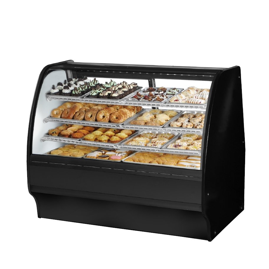 True TGM-DC-59-SC/SC-S-S 59" curved glass dry display case with black exterior, front angle view stocked with baked goods