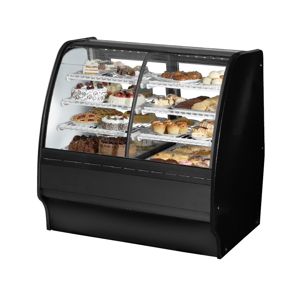 True TGM-DZ-48-SC/SC-B-W 48" curved glass dual zone display case with black exterior, front angle view stocked with baked goods