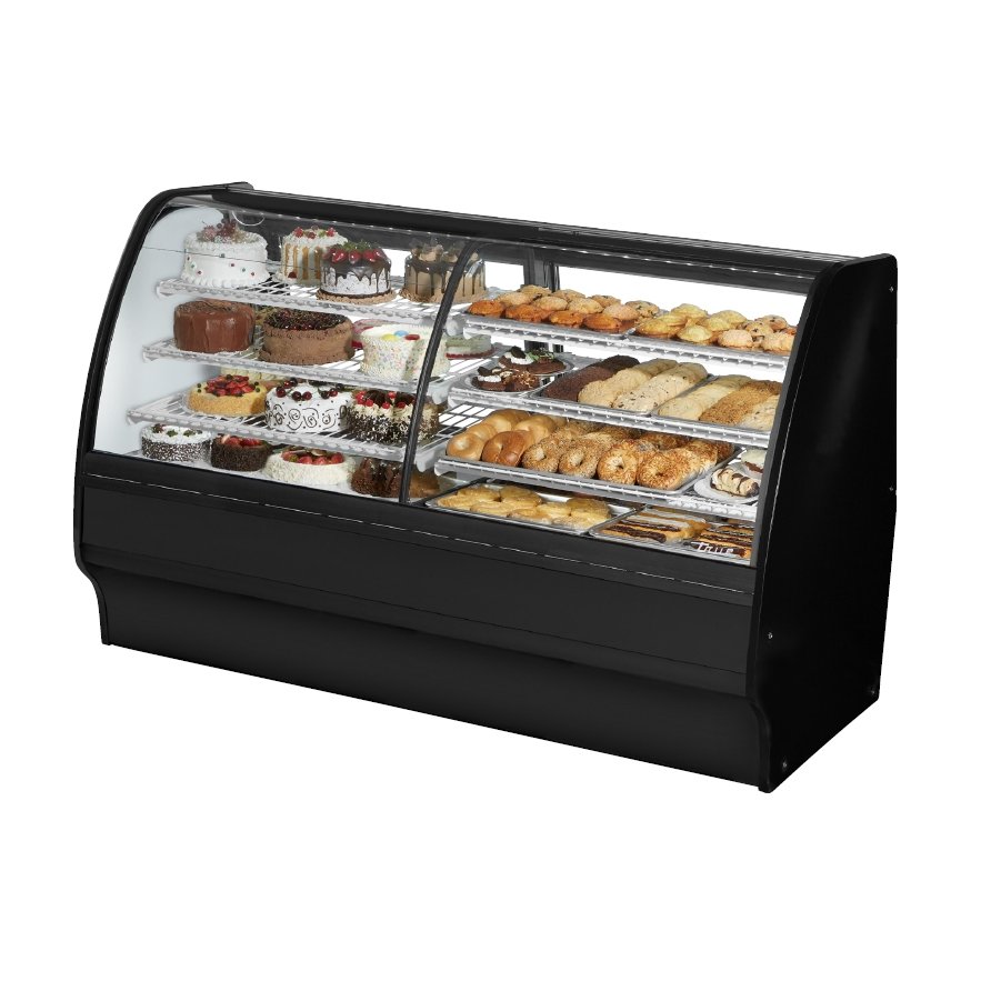 True TGM-DZ-77-SC/SC-B-W 77" curved glass dual zone display case with black exterior, front angle view stocked with baked goods