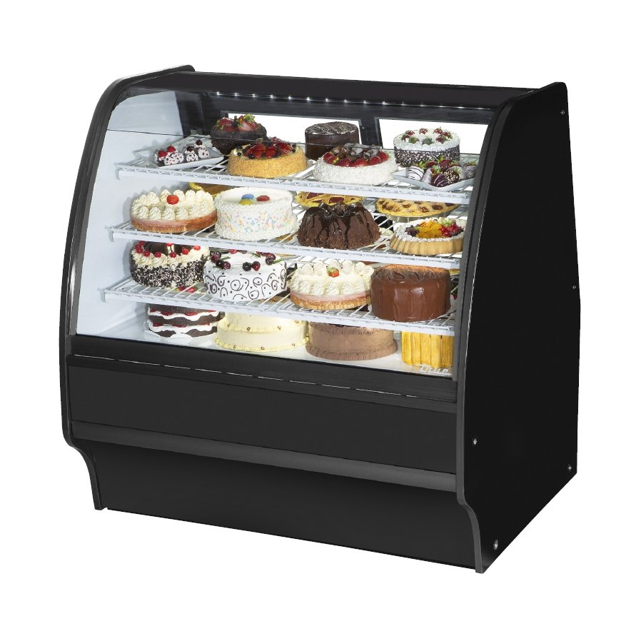 True TGM-R-48-SC/SC-B-W 48" curved glass refrigerated display case with black exterior, front angle view stocked with baked goods