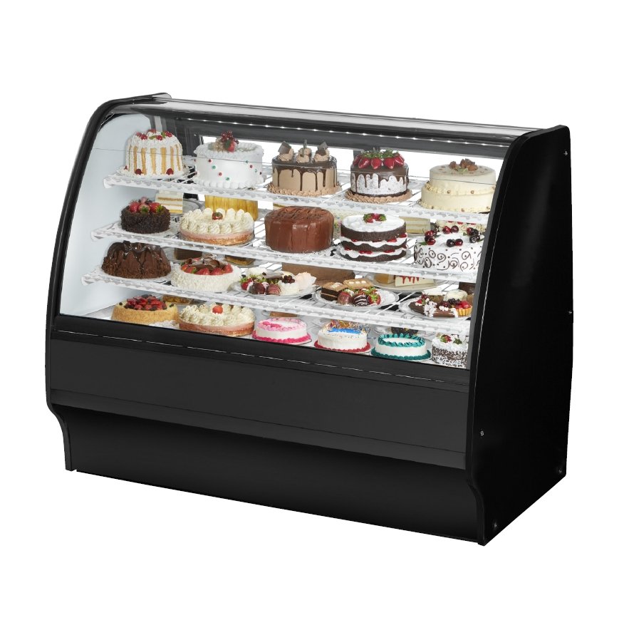 True TGM-R-59-SC/SC-B-W 59" curved glass refrigerated display case with black exterior, front angle view stocked with baked goods