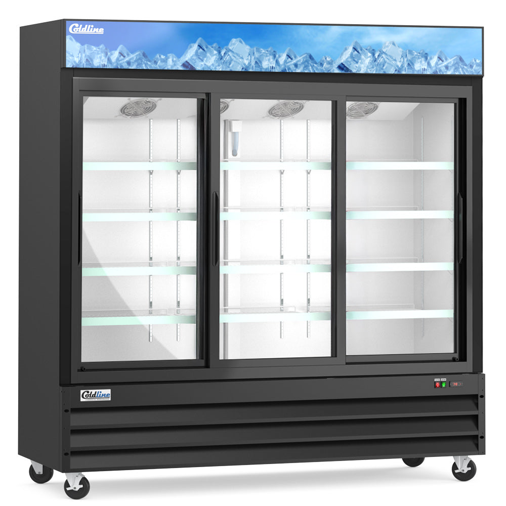 Coldline G80S-B 78" Three Glass Sliding Door Merchandiser Refrigerator with LED Lighting, Black