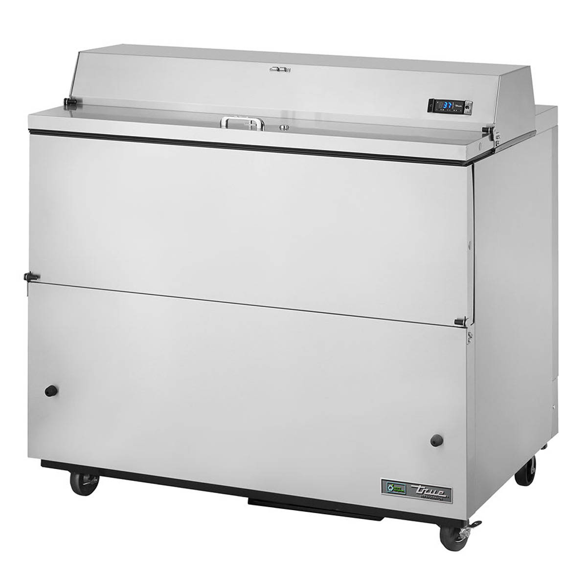 True TMC-49-S-SS-HC single-sided school milk cooler, stainless steel exterior, front angle view