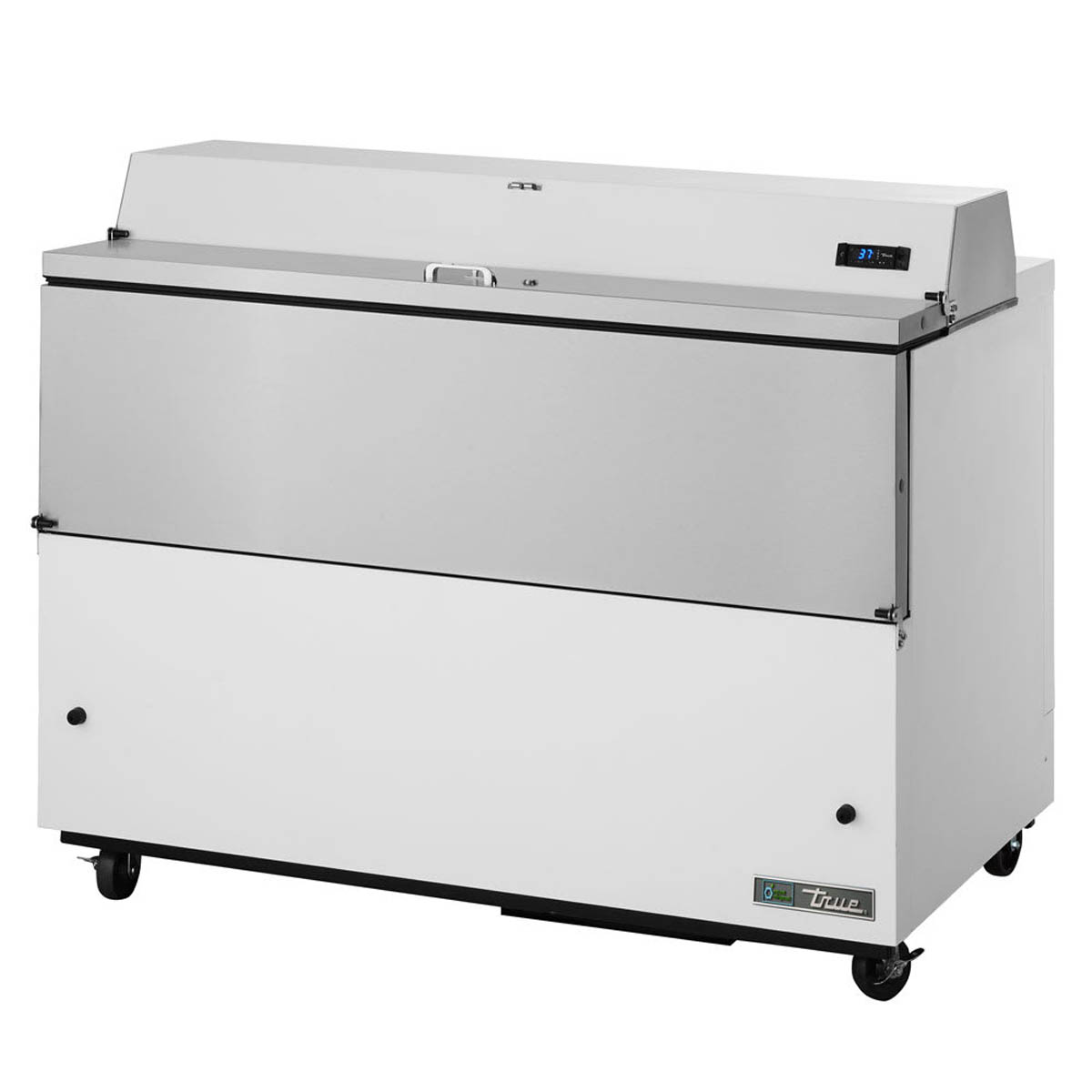 True TMC-49-SS-HC single-sided school milk cooler, white exterior, front angle view