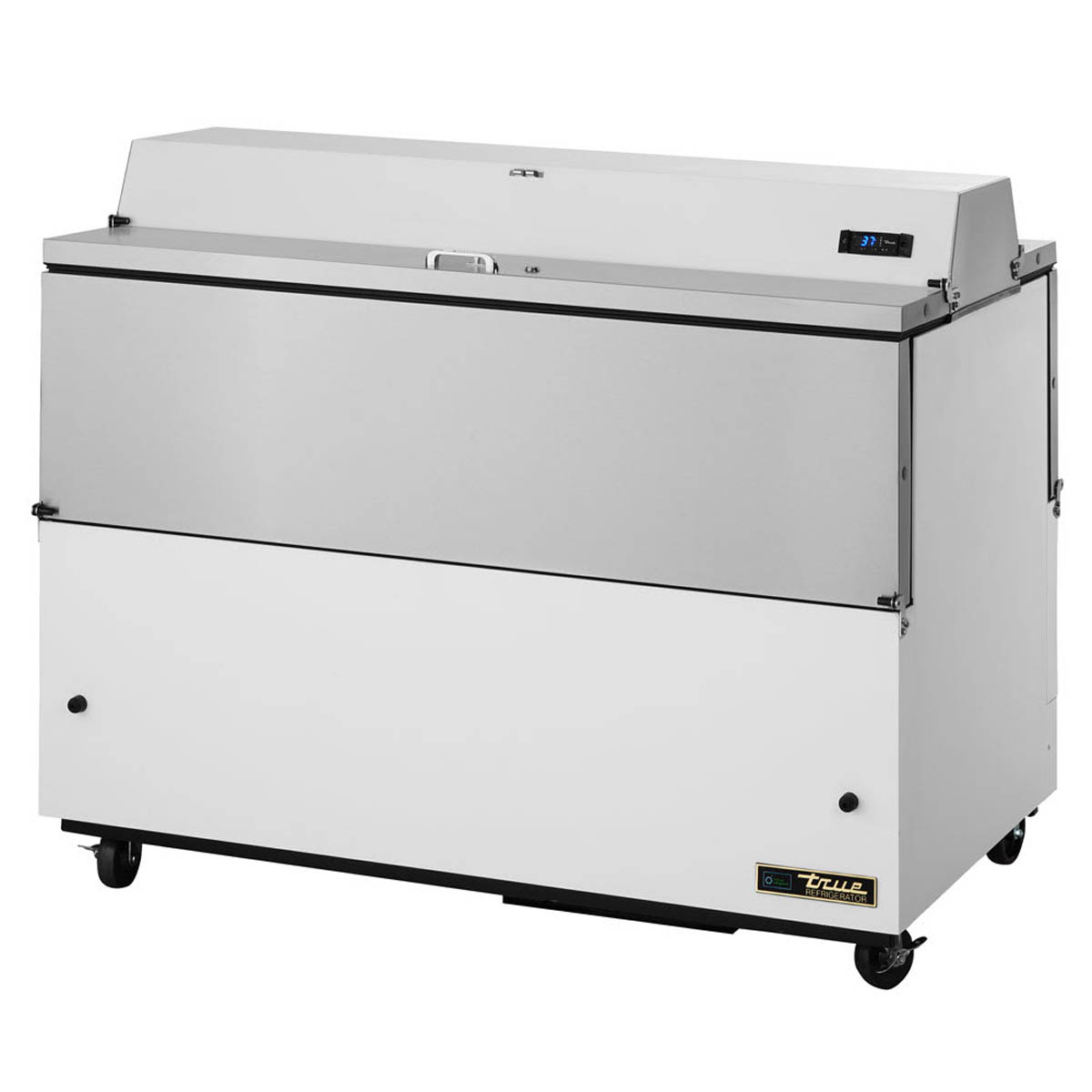 True TMC-58-DS-HC dual-sided school milk cooler, white exterior, front angle view