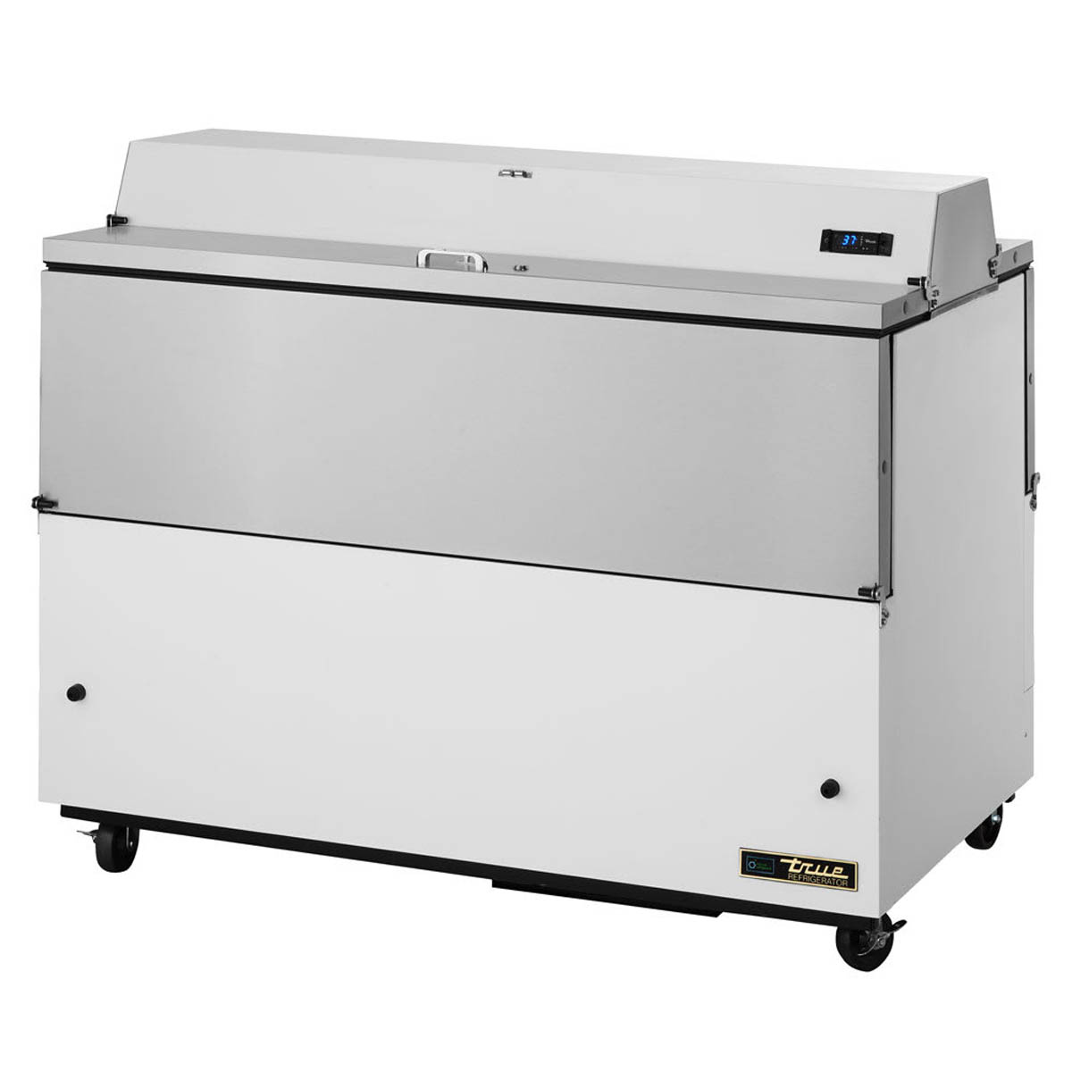 True TMC-58-DS-SS-HC dual-sided school milk cooler, white exterior, front angle view
