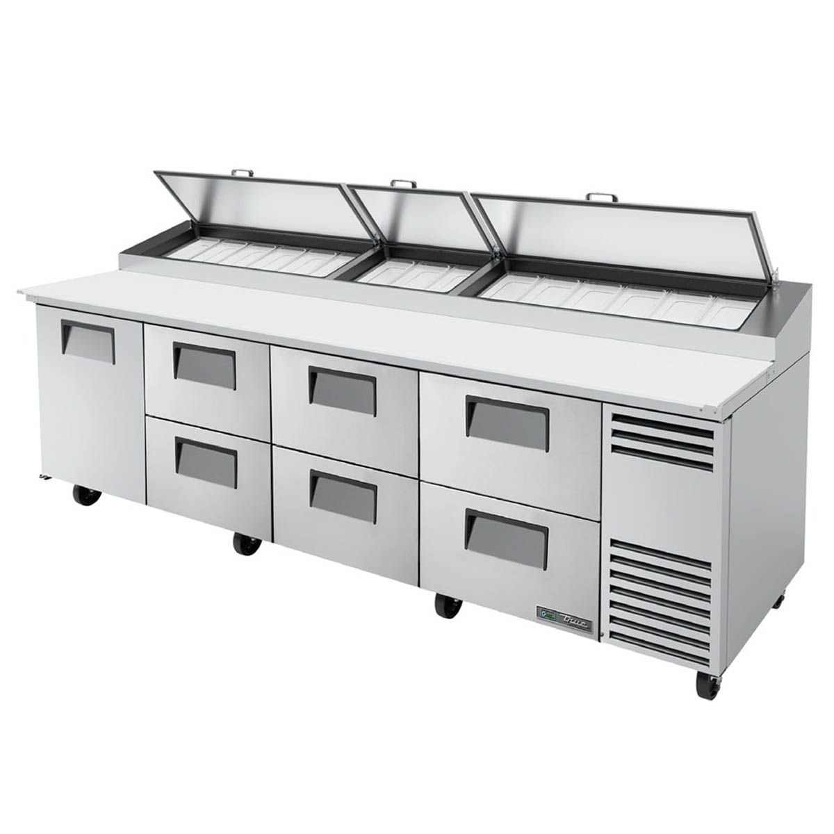 True TPP-AT-119D-6-HC pizza prep table, front angle view, lids open over the pan rail