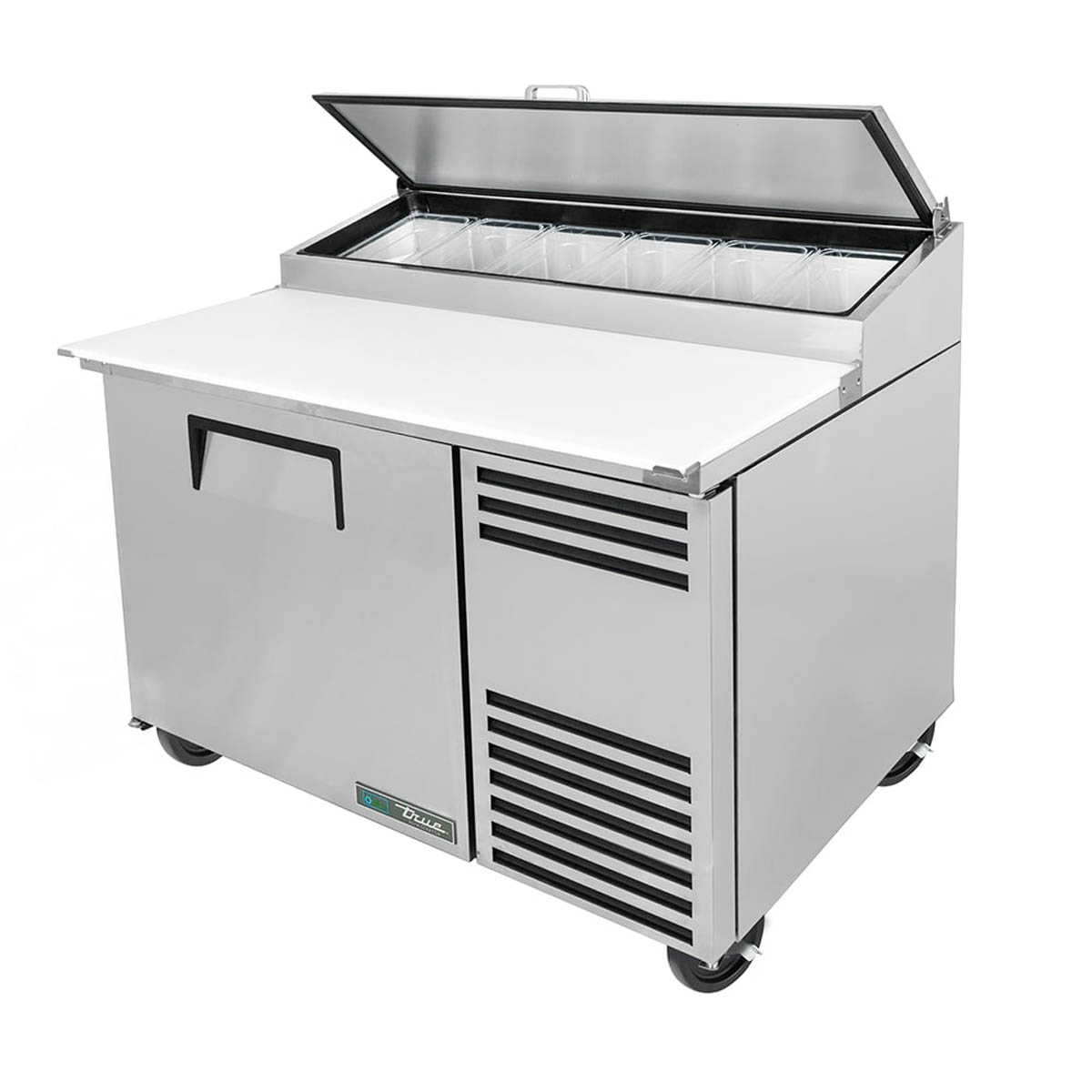 True TPP-AT-44-HC pizza prep table, front angle view, lid open over the pan rail
