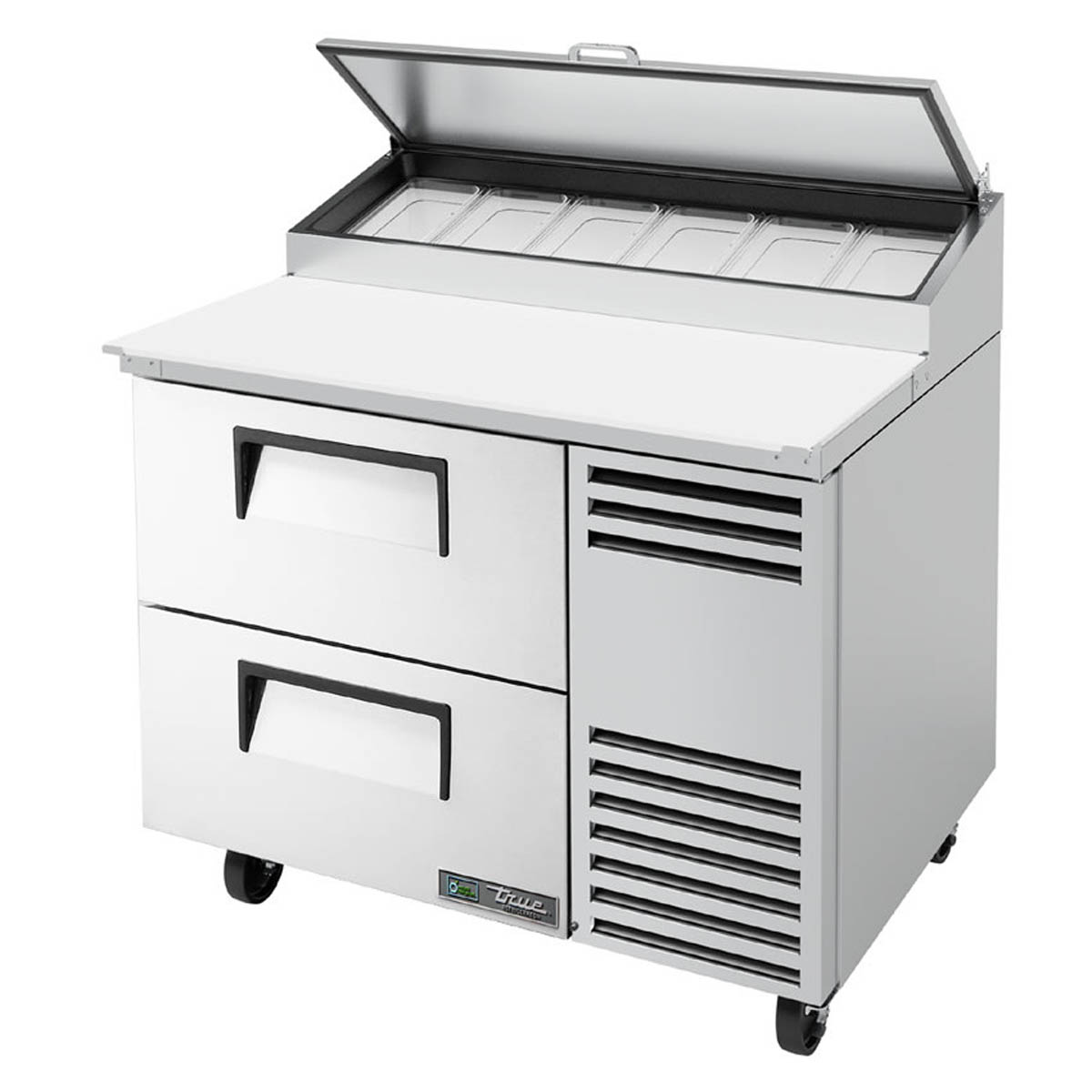 True TPP-AT-44D-2-HC pizza prep table, front angle view, lids open over the pan rail