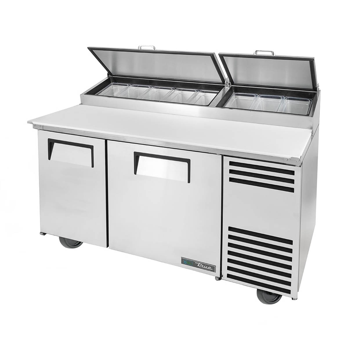 True TPP-AT-60-HC pizza prep table, front angle view, lids open over the pan rail
