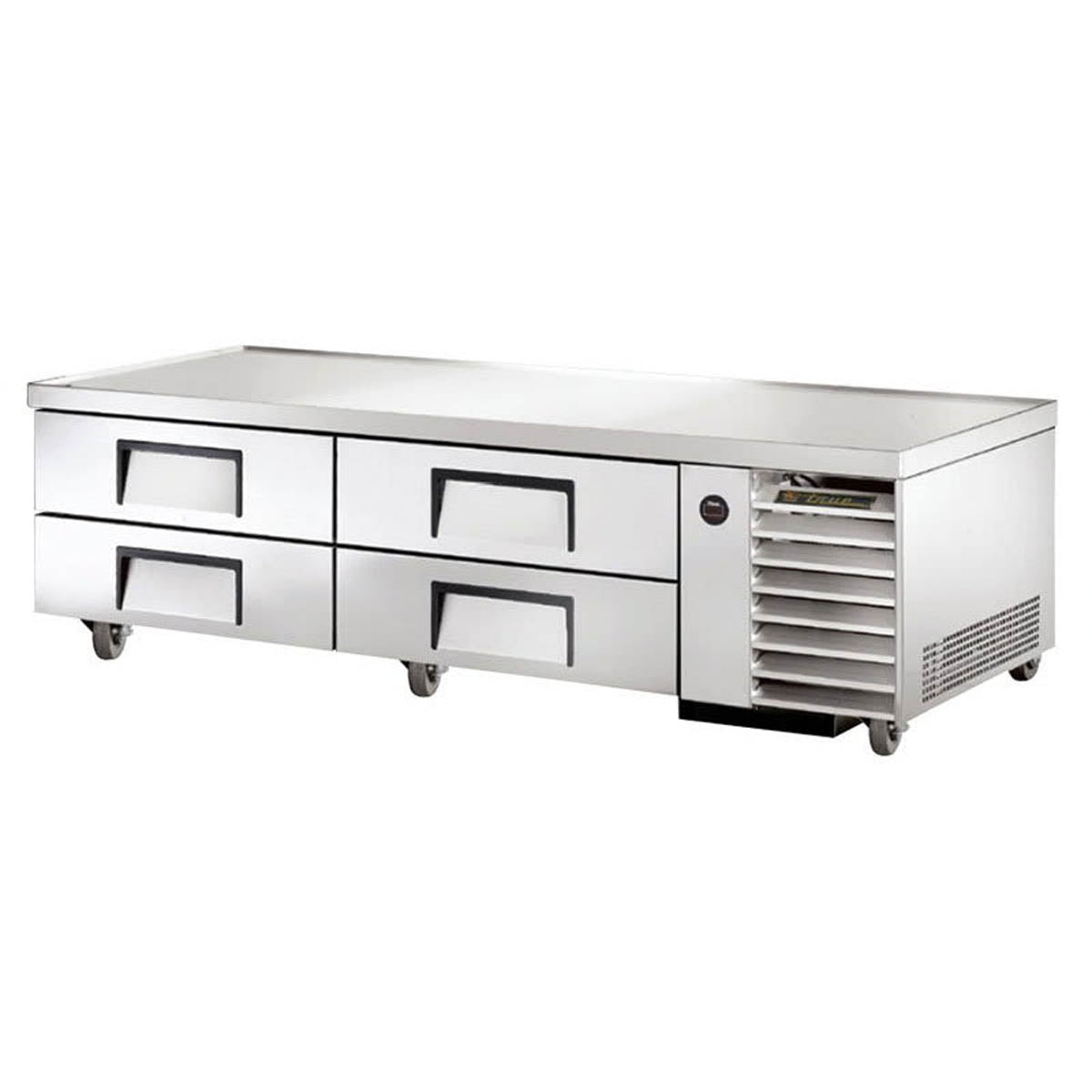 True TRCB-79-HC 4-drawer chef base, front angle view, drawers closed