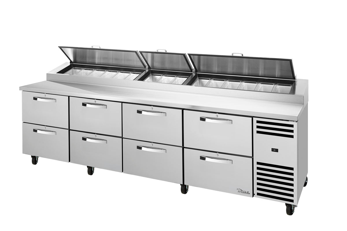 True TPP-AT-119D-8-HC~SPEC3~HGTP pizza prep table, front angle view, lids open over the pan rail