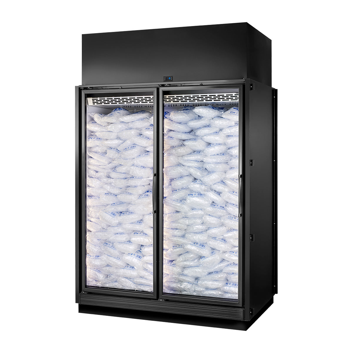 True TRM2I-YN-BLK-WHT-1BLKLL-4 2-door ice merchandiser, front angle view with bagged ice behind glass doors