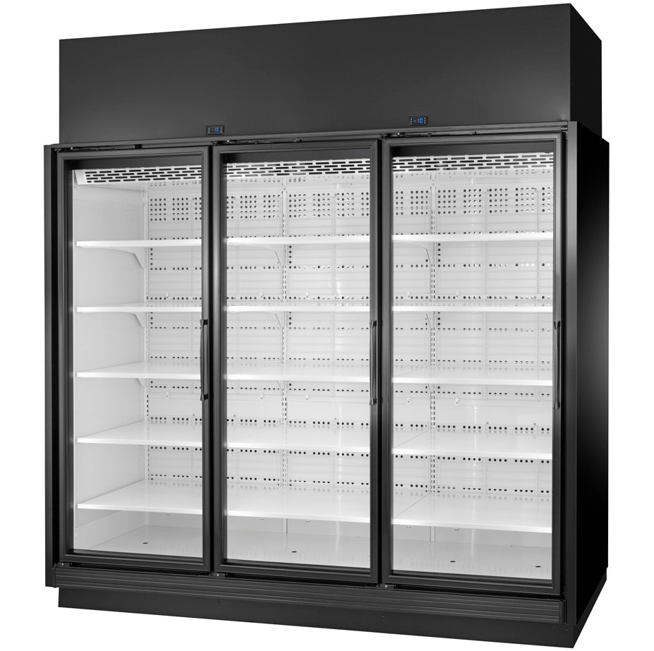 True TRM3M-YN-BLK-WHT-1BLKLLL-4 3-door black merchandiser refrigerator, front angle view, glass doors closed