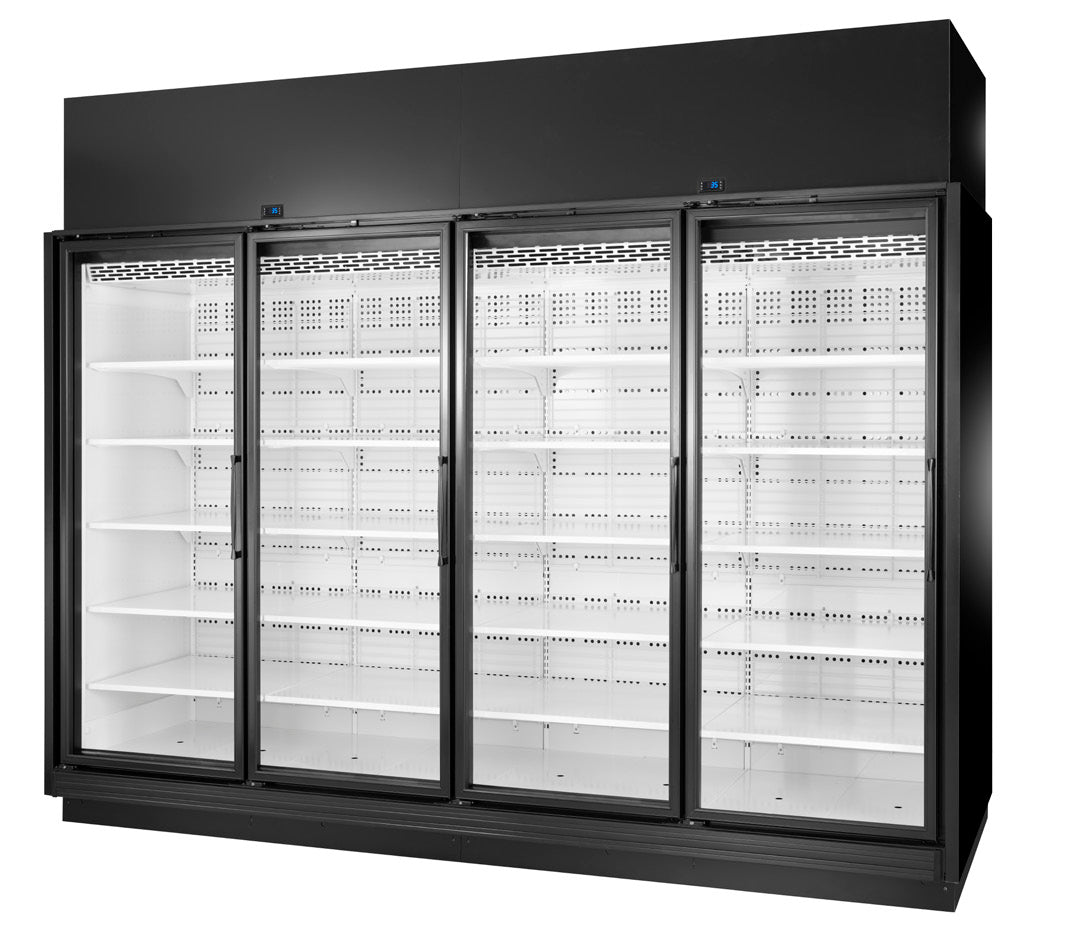 True TRM4L-YY-BLK-WHT-1BLKRRRR-4 4-door black merchandiser freezer, front angle view, glass doors closed