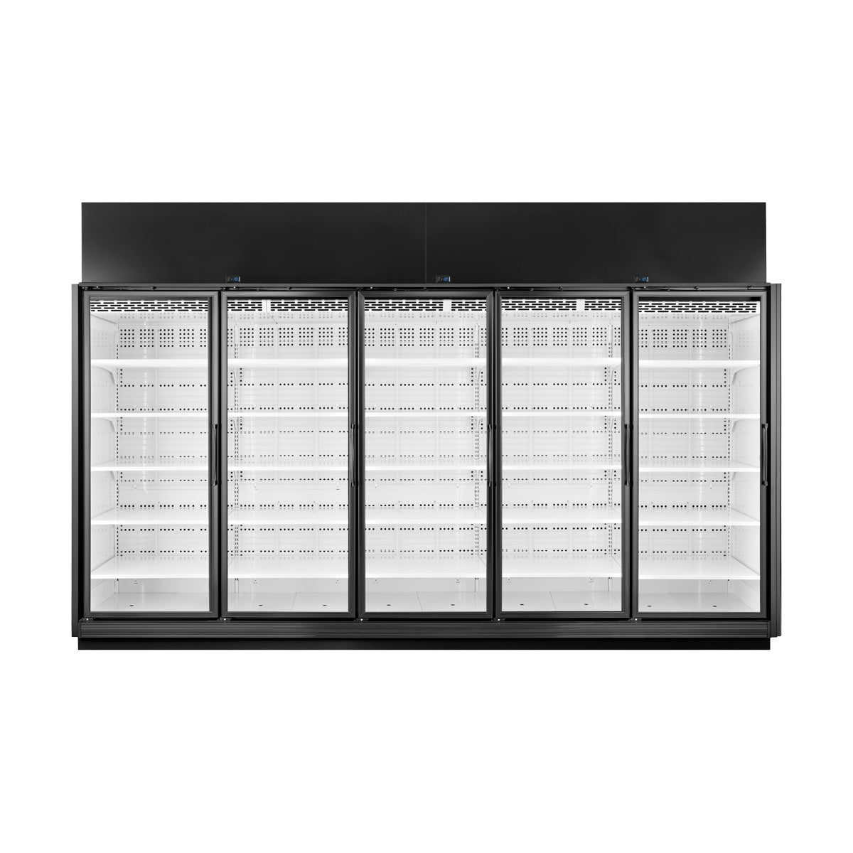 True TRM5L-YN-BLK-WHT-1BLKLLLLL-4 5-door black merchandiser freezer, front angle view, glass doors closed