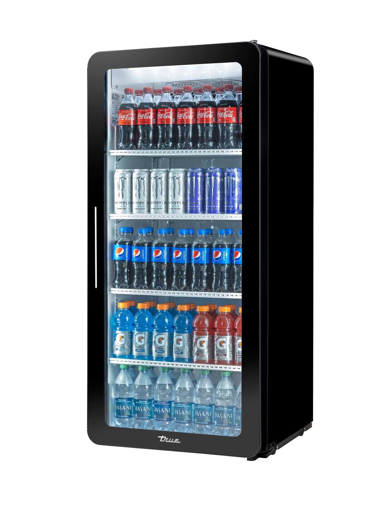 True CVM-11-HC~EGC01 curved edge glass door merchandiser, front angle view, stocked with drinks
