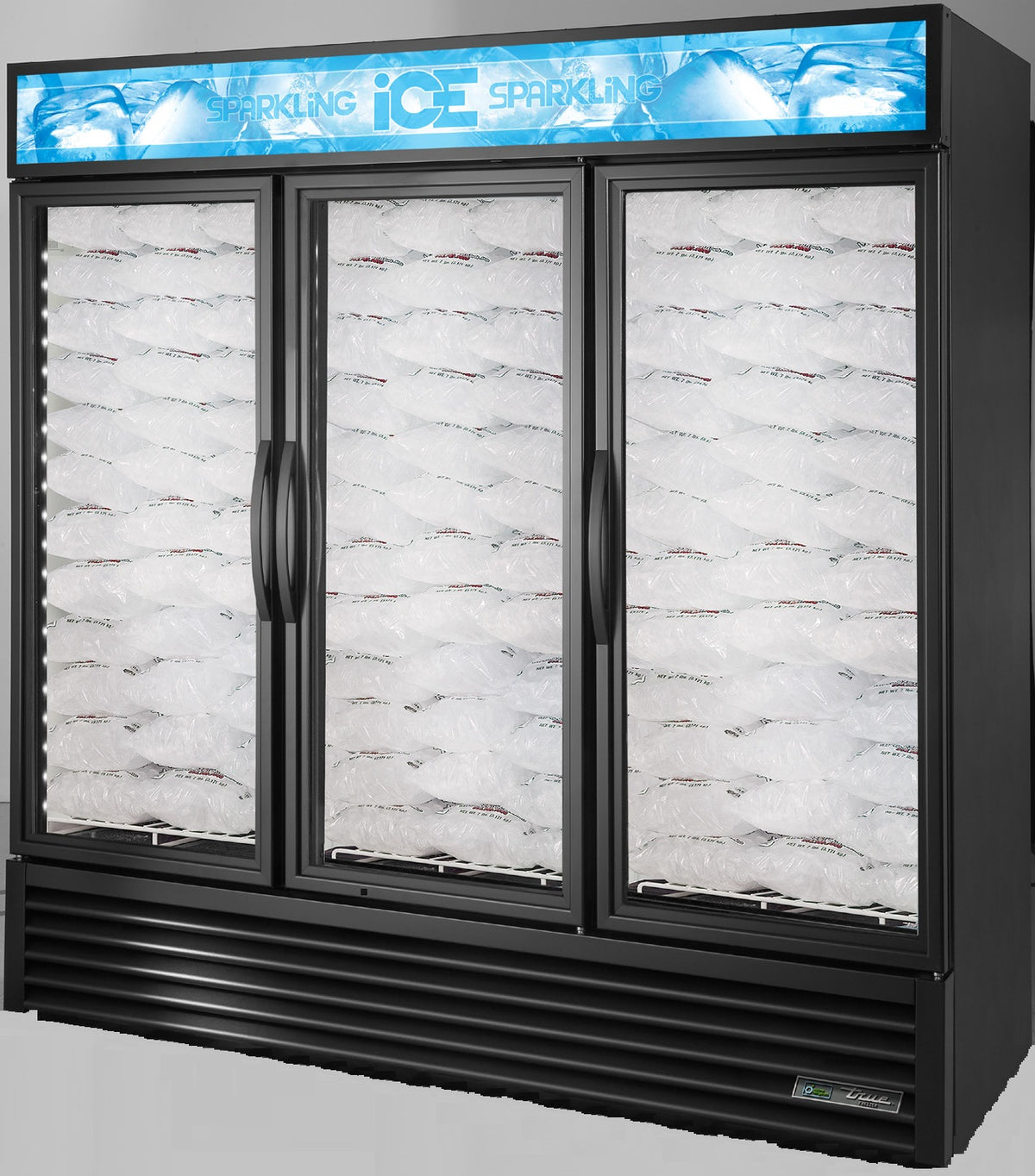 True GDIM-72NT-HC~TSL01 3-door ice merchandiser, front angle view, stocked with bagged ice