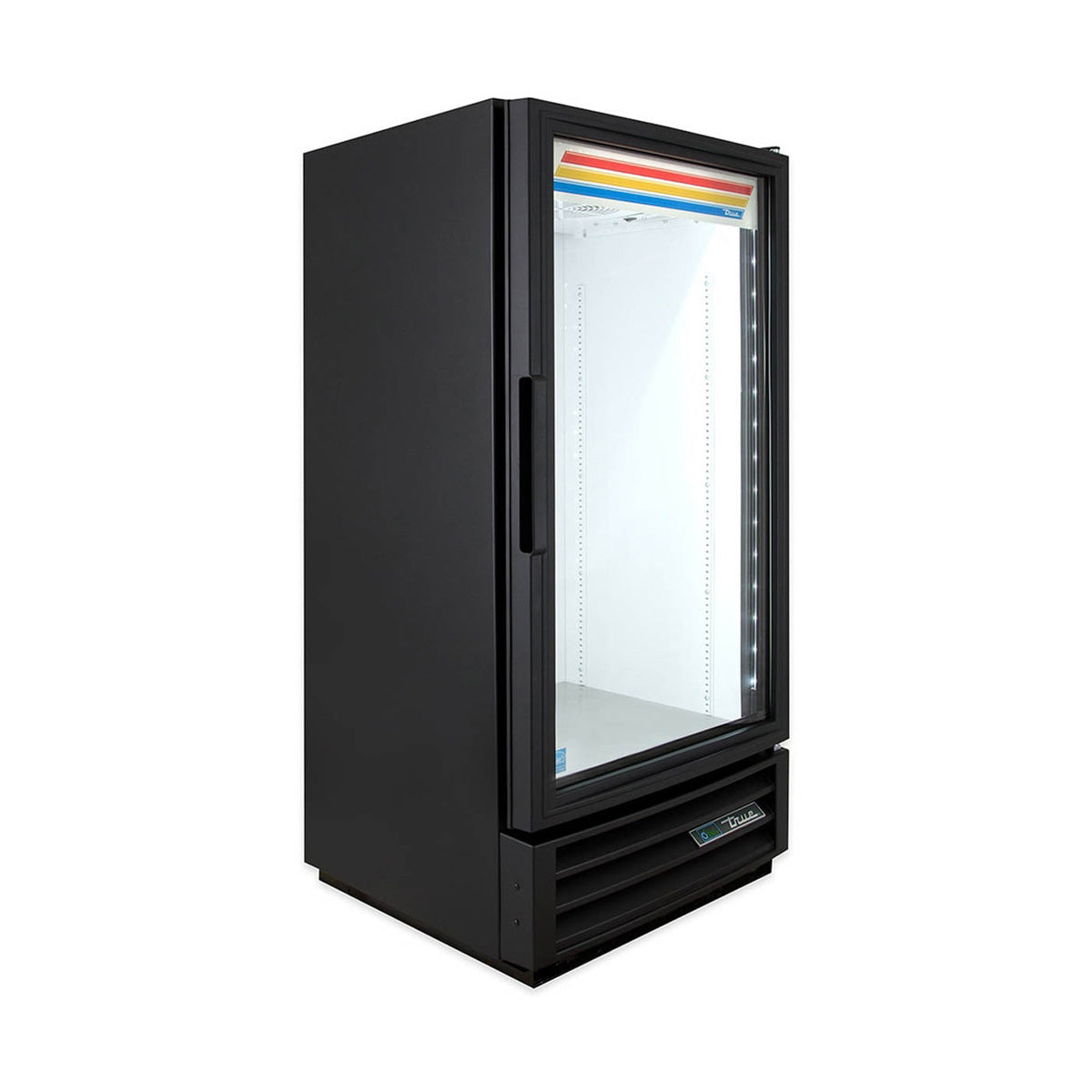 True GDM-10-HC~TSL01 glass door merchandiser, black exterior, front angle view, empty