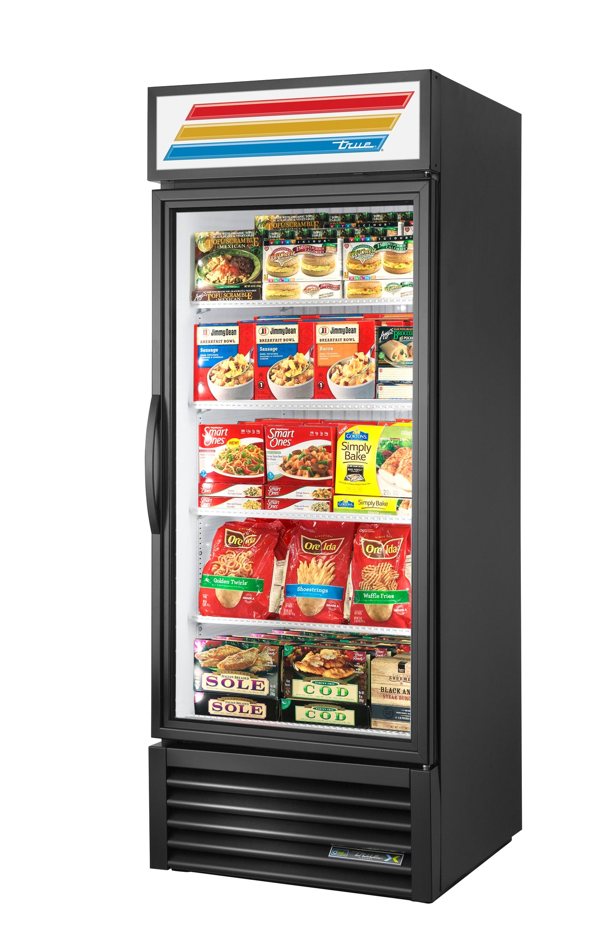 True GDM-26F-FLX-HC~TSL01 convertible glass door merchandiser, front angle view, stocked with frozen food