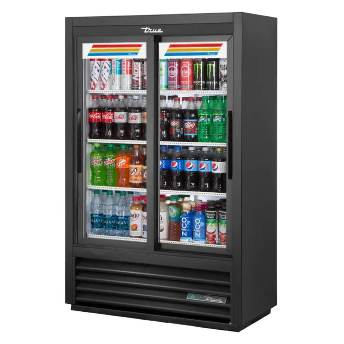 True GDM-33SSL-56-HC-LD 2-door glass door merchandiser, front angle view, stocked with drinks