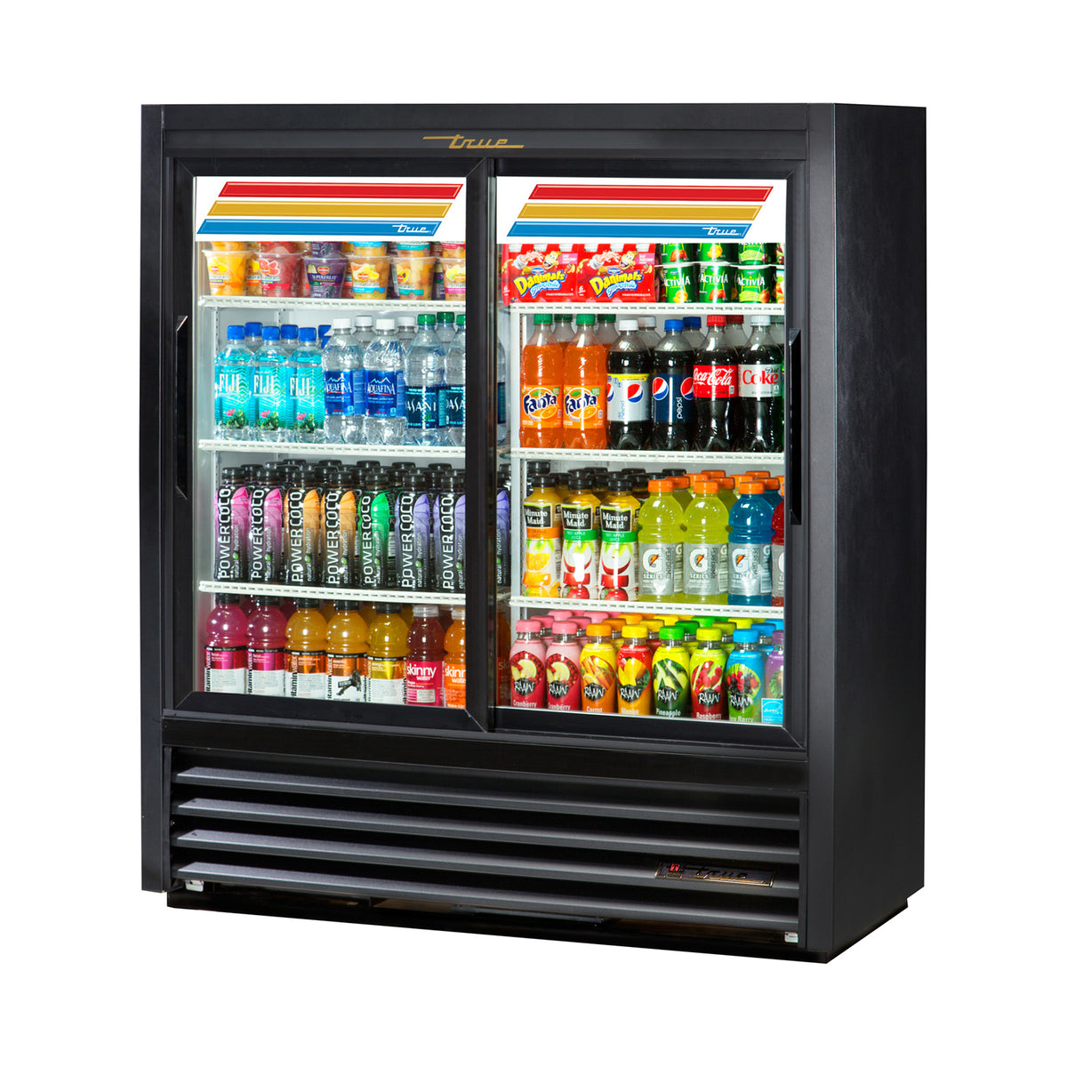 True GDM-41SL-48-HC-LD 2-door glass door merchandiser, front angle view, stocked with drinks