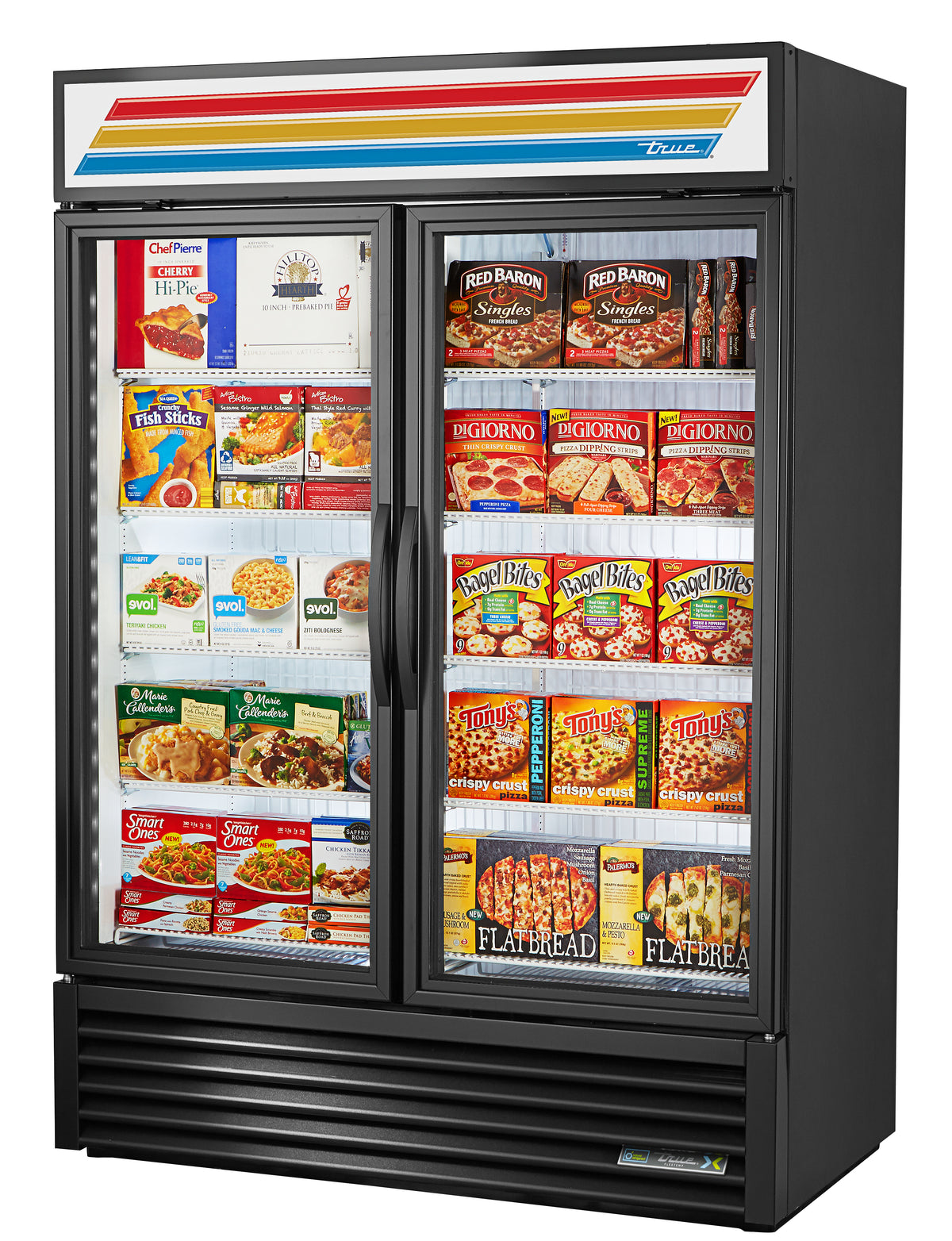 True GDM-49F-LTF-HC~TSL01 2-door glass door freezer, front angle view, stocked with frozen food