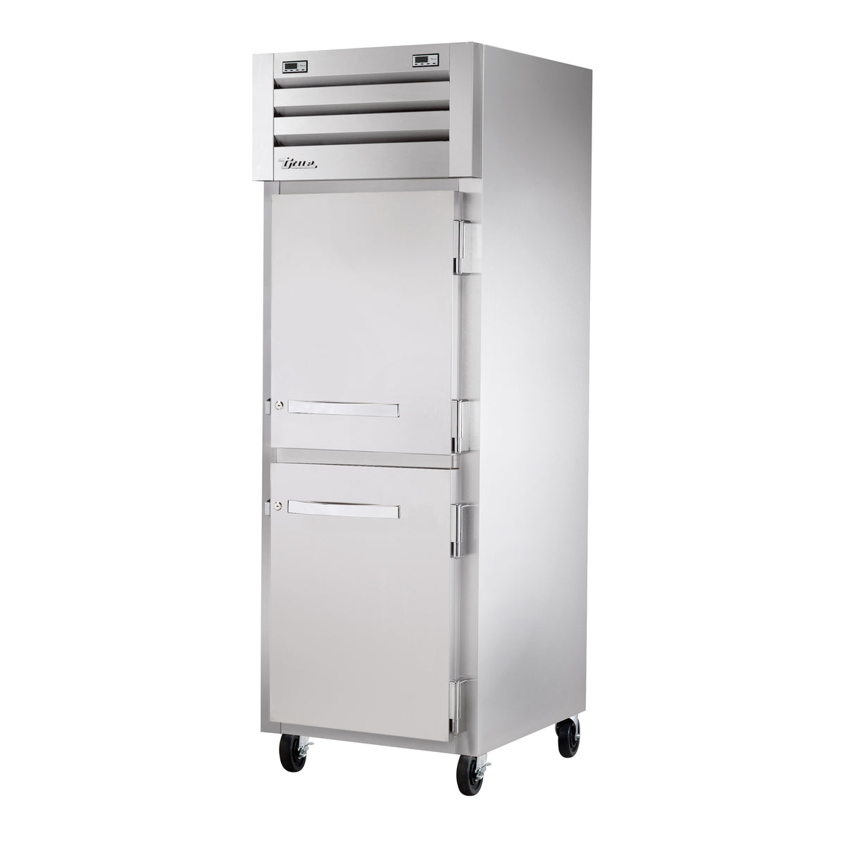 True STA1DTA-2HS-HC dual temp reach-in refrigerator/freezer with 2 solid half doors, front angle view, doors closed