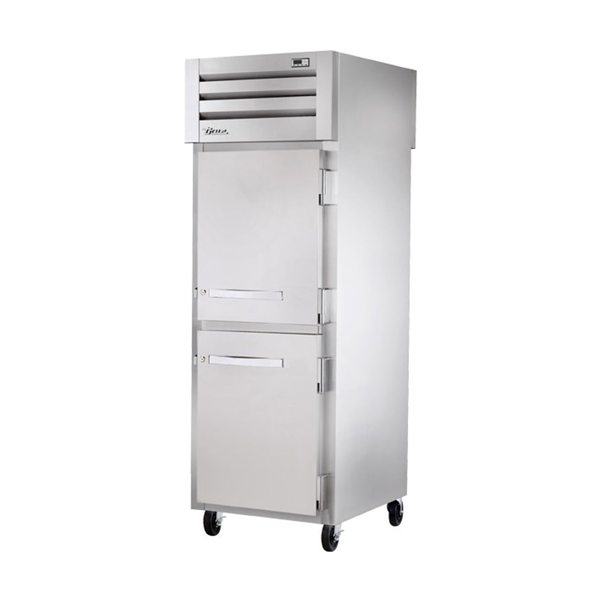 True STA1RPT-2HS-2HS-HC pass-thru refrigerator, front angle view showing 2 solid half doors, doors closed