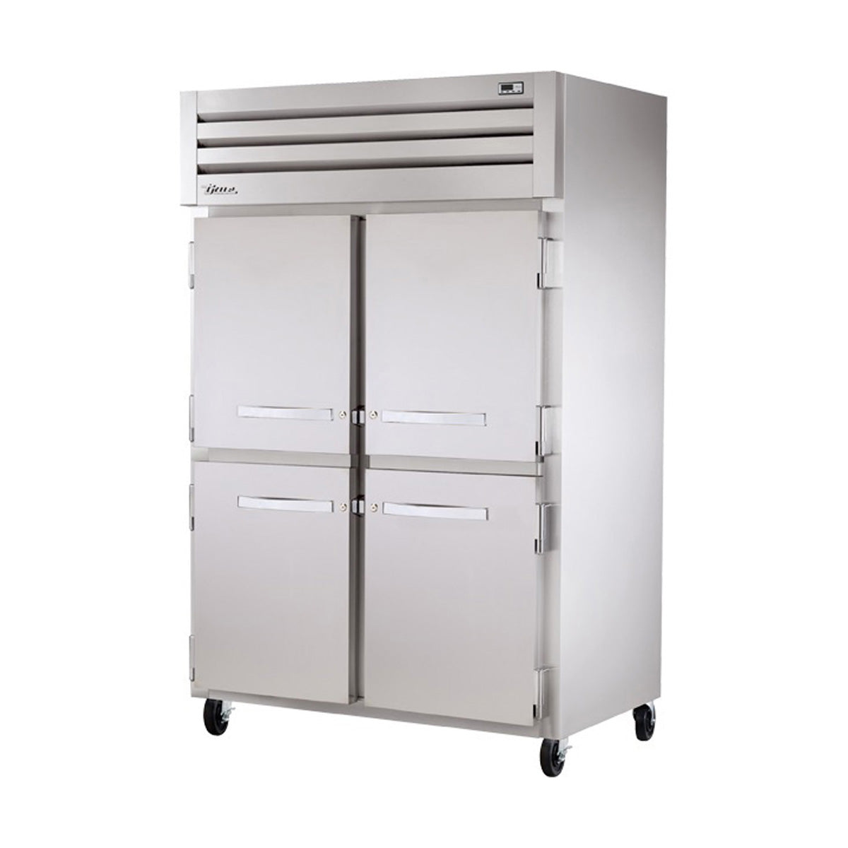 True STA2F-4HS-HC reach-in freezer with 4 solid half doors, front angle view, doors closed