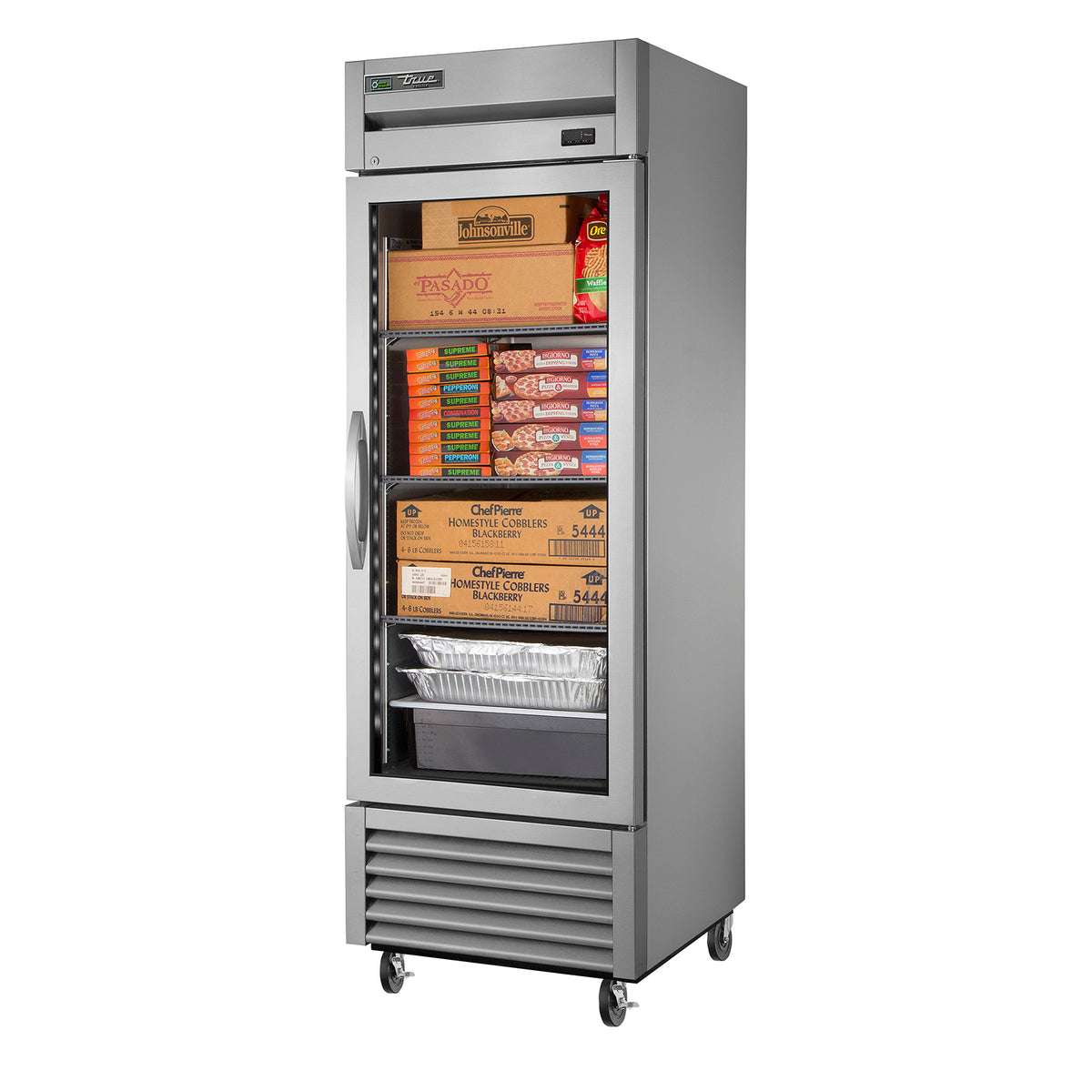 True T-23FG-FLX-HC~FGD01 1-door glass reach-in convertible freezer/refrigerator, front angle view, stocked behind the glass door