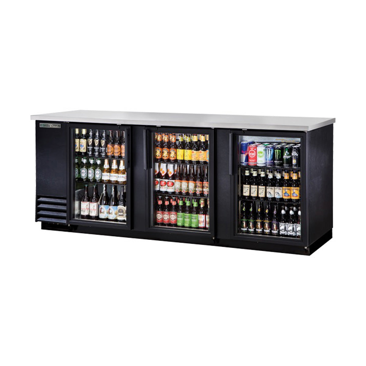 True TBB-4G-HC-LD back bar cooler, black, glass doors, front angle view