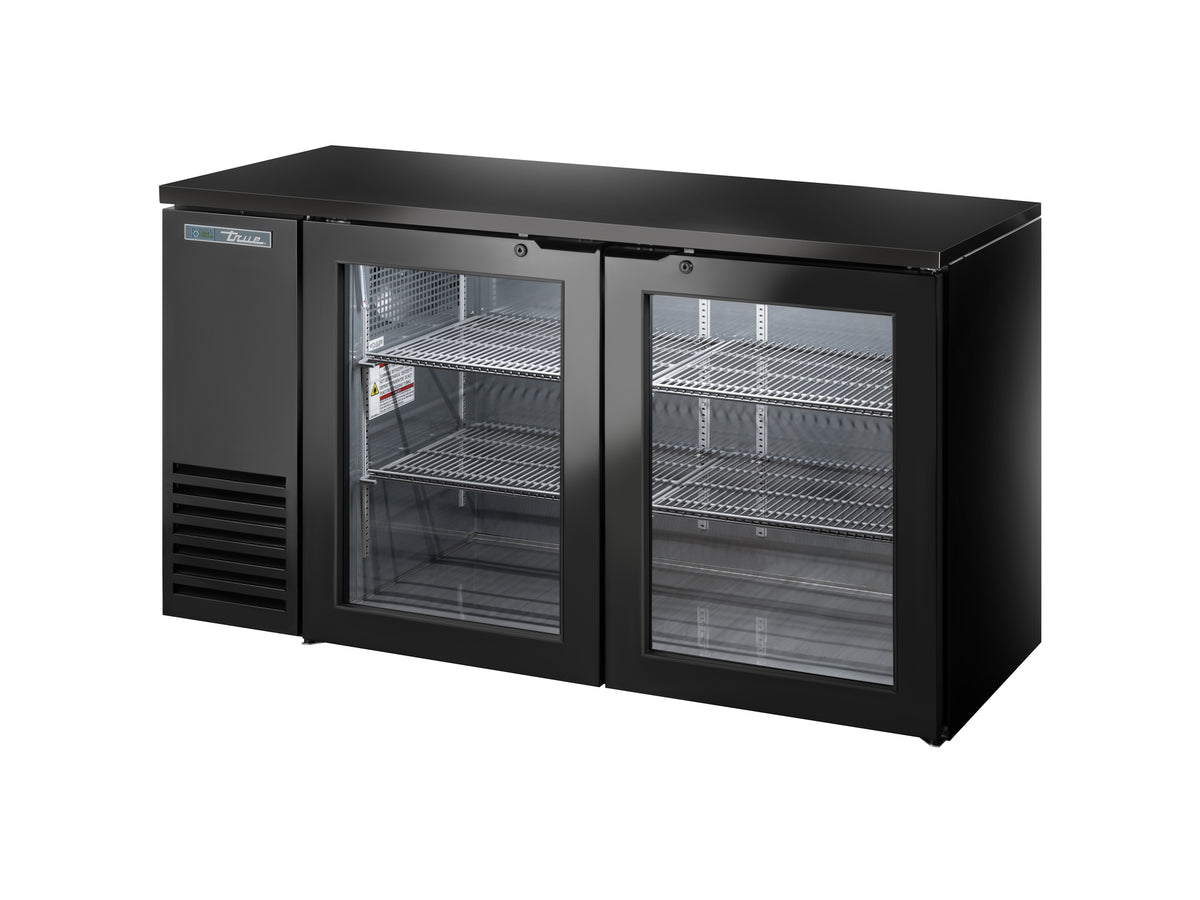 True TBB24-60-2G-Z1-BST-B-1 back bar cooler, black, glass doors, front angle view