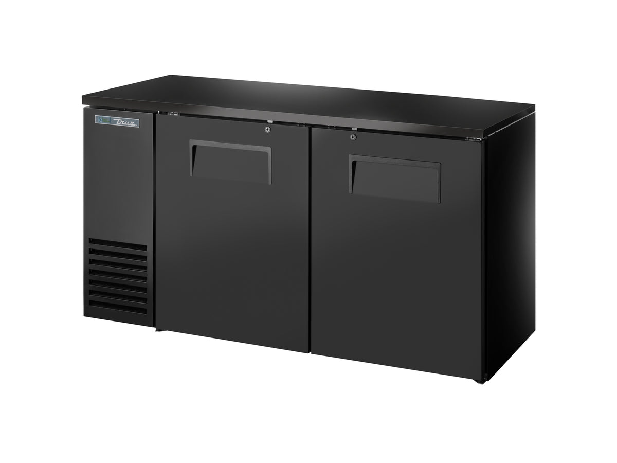 True TBB24-60-2S-Z1-BST-B-1 back bar cooler, black, front angle view