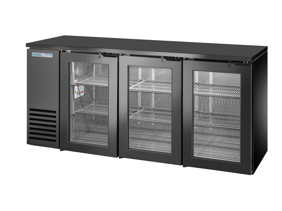 True TBB24-72-3G-Z1-BST-B-1 back bar cooler, black, glass doors, front angle view