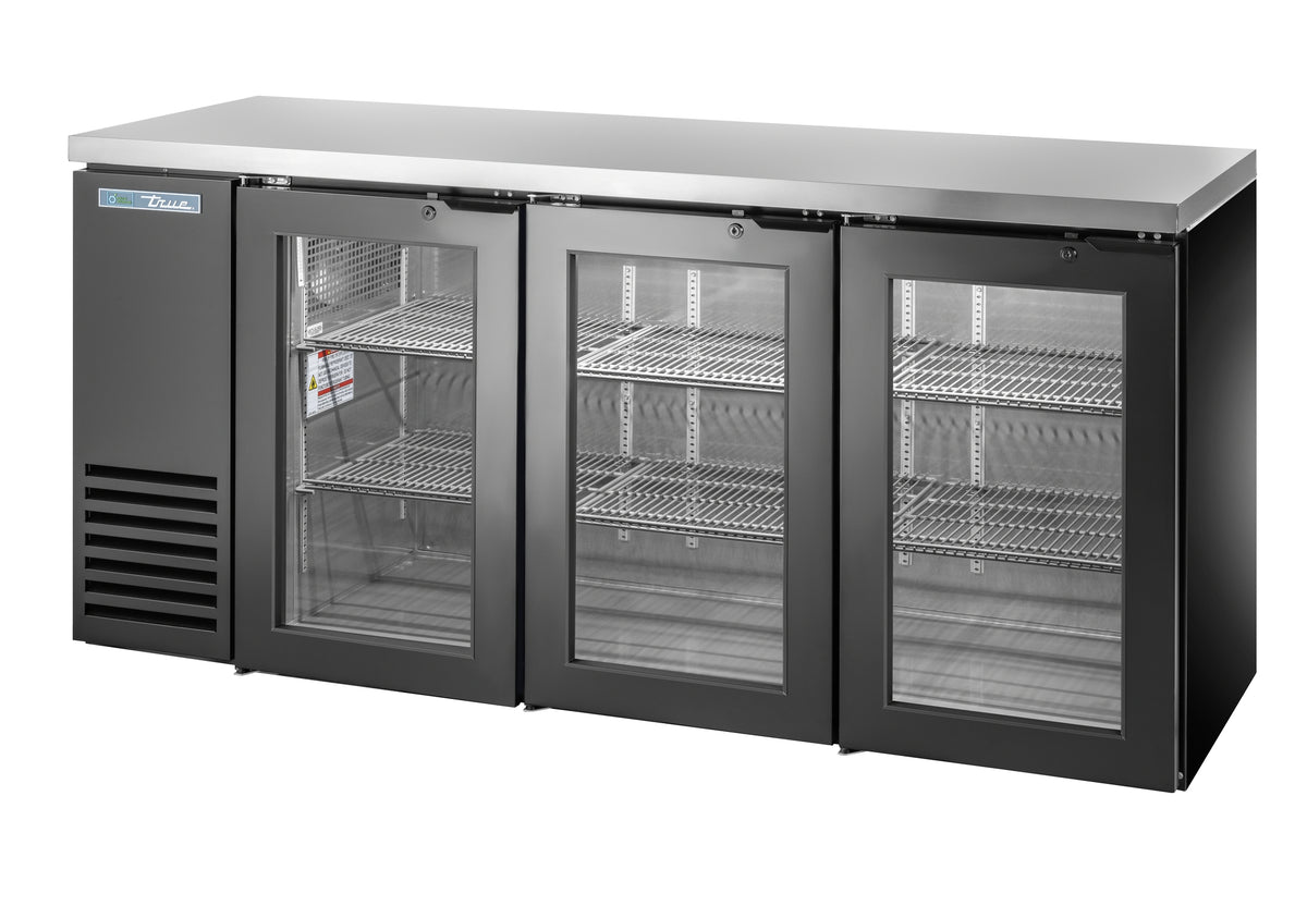 True TBB24-72-3G-Z1-SFT-B-1 back bar cooler, black, glass doors, front angle view
