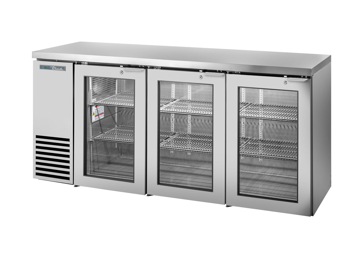 True TBB24-72-3G-Z1-SFT-S-1 back bar cooler, stainless steel, glass doors, front angle view